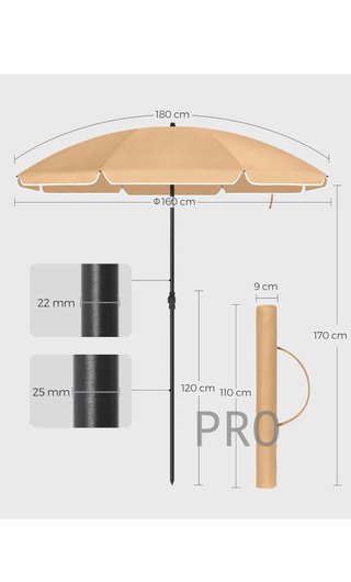 Parasol 160 cm, Sun Protection, UPF 50+, Beach Umbrella, 30°