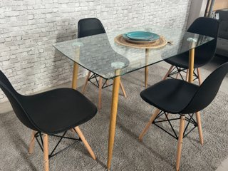 Mesa Comedor Cristal 120cm + 4 Sillas Negras