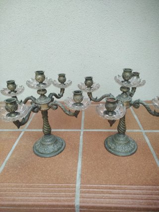 Candelabro Bronce y Cristal 5 Brazos