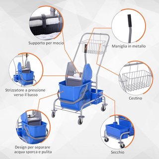 Carro de Limpieza Profesional con Cesto Suspendido, Estante, Cubo de 25L para Fregar con Escurridor, Carro Multiusos con Gancho para Hotel, Restaurante y Cafetería, 72X49.5X95 Cm, Azul