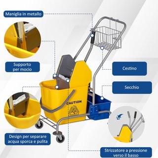 Carro de Limpieza Profesional con Cesto Suspendido, Estante, Cubo de 25L para Lavado de Suelos con Escurridor, Carro Multiusos con Gancho para Hotel, Restaurante y Comedor, 72X49.5X95 Cm, Amarillo