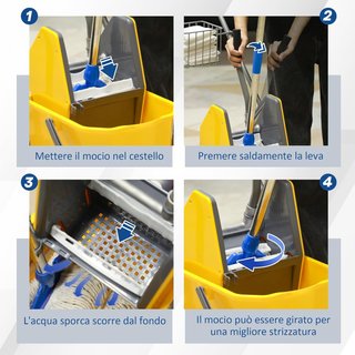 Carro de Limpieza Profesional con Cesto Suspendido, Estante, Cubo de 25L para Lavado de Suelos con Escurridor, Carro Multiusos con Gancho para Hotel, Restaurante y Comedor, 72X49.5X95 Cm, Amarillo