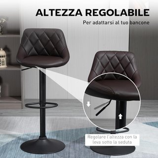 Conjunto de 2 Taburetes de Bar con Altura Ajustable, Base de Metal y Asiento de Piel Sintética, Taburetes Altos Modernos Giratorios con Respaldo y Reposapiés 46X48X83-104Cm, Marrón Oscuro y Negro