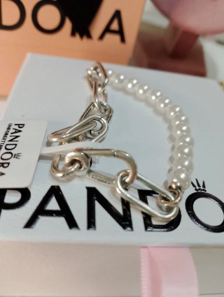 Bracciale Pandora con Perle e Maglie in Argento