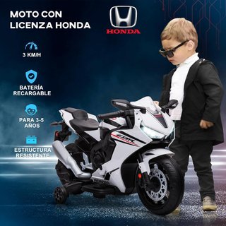 Moto Eléctrica para Niños Con Licencia HONDA, Moto Eléctrica para Niños Con Batería Recargable de 6V, Velocidad 3 Km/H, Música y Ruedecillas, Blanca