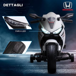 Moto Eléctrica para Niños Con Licencia HONDA, Moto Eléctrica para Niños Con Batería Recargable de 6V, Velocidad 3 Km/H, Música y Ruedecillas, Blanca