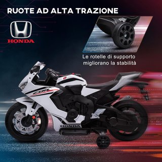 Moto Eléctrica para Niños Con Licencia HONDA, Moto Eléctrica para Niños Con Batería Recargable de 6V, Velocidad 3 Km/H, Música y Ruedecillas, Blanca