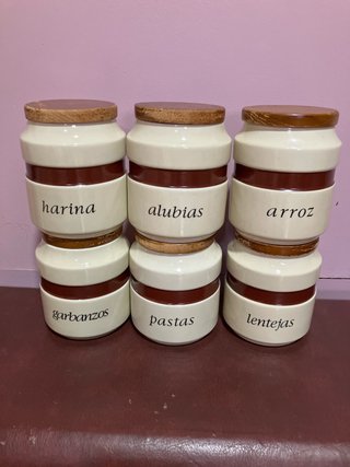Set 6 Tarros Cerámica Cocina Madera