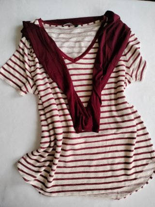Camiseta Lino Rayas Granate Talla L