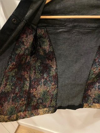 Floral Tapestry Denim Jacket Jacqueline Riu Boho Vintage Style Fitted Stretch Cotton Black 38