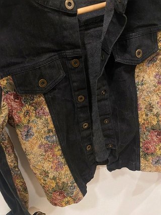Floral Tapestry Denim Jacket Jacqueline Riu Boho Vintage Style Fitted Stretch Cotton Black 38