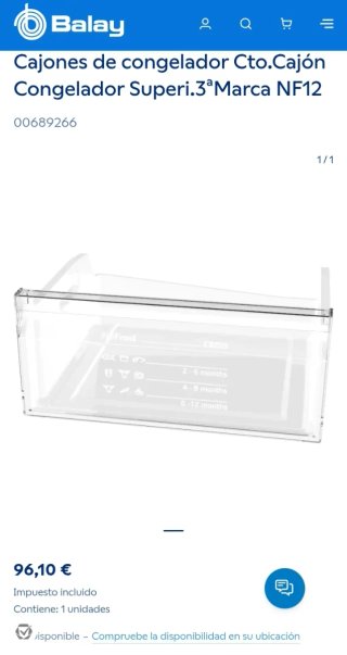 Cajón superior congelador Frigorífico Balay