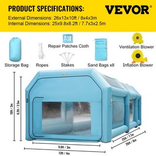 Cabina de Pintura Inflable Portátil, 792.48 x 457.2 x 304.8 cm Cabina de Spray Inflable, Carpa de Pintura para Autos con Sistema de Filtro de Aire y 2 Ventiladores, Carpa de Spray Inflable Mejorad...