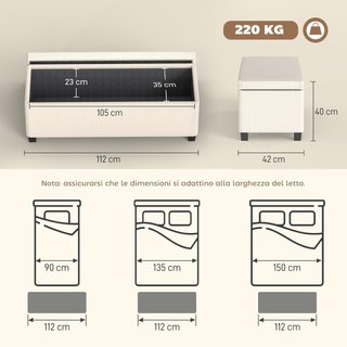 Banca Contenedor 84L Puff con Poggiapiedi 112X42X40 Cm, Pouf in Velluto Acostato per Camera da Letto in Acciaio, Capacità 220 Kg, per Soggiorno e Ingresso, Beige