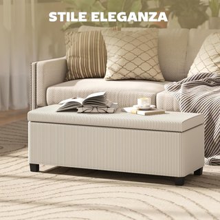 Banca Contenedor 84L Puff con Poggiapiedi 112X42X40 Cm, Pouf in Velluto Acostato per Camera da Letto in Acciaio, Capacità 220 Kg, per Soggiorno e Ingresso, Beige
