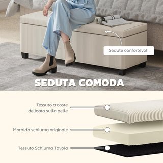 Banca Contenedor 84L Puff con Poggiapiedi 112X42X40 Cm, Pouf in Velluto Acostato per Camera da Letto in Acciaio, Capacità 220 Kg, per Soggiorno e Ingresso, Beige
