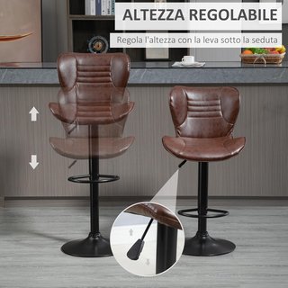 Conjunto de 2 Taburetes Altos de Piel Sintética, Taburetes de Cocina con Altura Ajustable, Asiento Giratorio y Reposapiés, Marrón