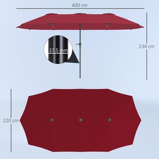 Sombrilla Doble de Jardín 4X2.2 M con 12 Varillas, Con Ventilación y Manivela, Sombrilla para Exteriores de Metal y Poliéster, anti UV 30+