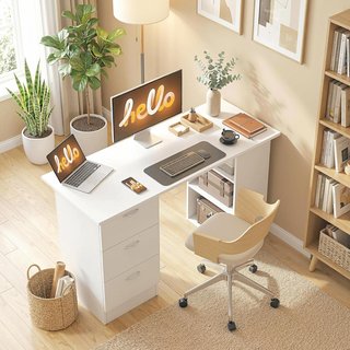 Escritorio Porta PC Con 3 Cajones Y 3 Estantes, Escritorio para Dormitorio Y Oficina en Madera 120X49X72Cm Blanco