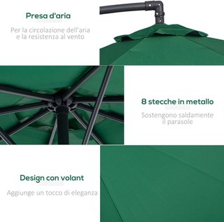 Sombrilla de Jardín 3X2.5 M de Brazo, Inclinable con Base Cruzada y Manivela, de Acero y Poliéster, Verde y Gris