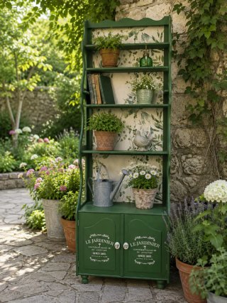 Estantería de madera verde restaurada