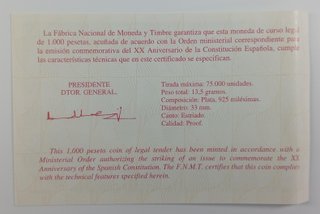 Moneda 1000 Pesetas 1998 Plata Constitución Españo