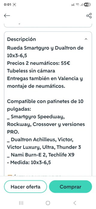 Rueda 10x3-6,5 Tubeless Smartgyro Dualtron