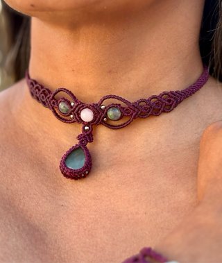 Conjunto Macramé gargantilla jade verde y pulsera