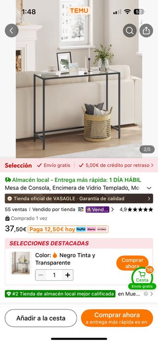 Mesa recibidor metal y vidrio negro