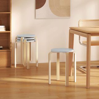 Juego de 4 Taburetes Apilables Redondos, Taburete de Madera Moderna con Base Antideslizante, Sillas Apilables Sin Respaldo con Patas Curvas para Cocina, Bar, Comedor, Oficina, Ø40X45 Cm, Gris