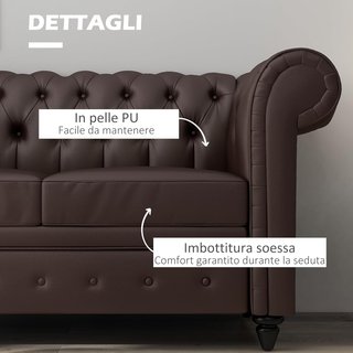 Divano Chesterfield in Pelle Sintetica a 2 Posti, Divano Imbottito con Braccioli e Spugna Spessa, Divano con Gambe in Legno di Gomma per Soggiorno e Ufficio, Marrone