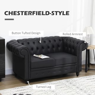 Divano Chesterfield 2 Posti in Pelle Sintetica, Divano Imbottito con Braccioli e Spugna Spessa, Divano con Gambe in Legno Gomma per Soggiorno e Ufficio, Nero