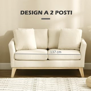 Sofá de 2 Plazas de Madera de Eucalipto y Tejido Efecto Lino, Sofá de 2 Plazas con 2 Cojines Pequeños para Sala de Estar y Dormitorio, 137X78X78 Cm, Beige