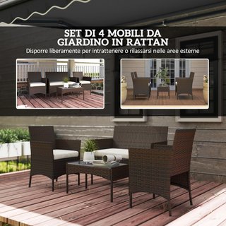Conjunto De Muebles De Jardín De Rattan 4 Piezas, Salón De Exterior Con Sofá De 2 Plazas, 2 Sillones, Mesa De Café Con Tapa De Cristal Y Cojines Lavables, Estructura De Acero, Beige Y Marrón