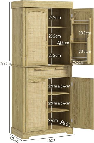 Alto Armario de Cocina Estilo Boho con 2 Armarios y un Cajón, Mueble de Cocina con Portaespecias de Madera y Ratán, 76X40X183Cm, Roble