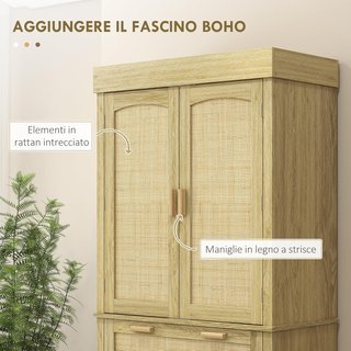 Alto Armario de Cocina Estilo Boho con 2 Armarios y un Cajón, Mueble de Cocina con Portaespecias de Madera y Ratán, 76X40X183Cm, Roble