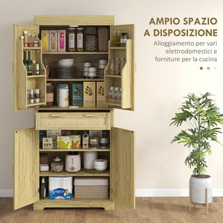 Alto Armario de Cocina Estilo Boho con 2 Armarios y un Cajón, Mueble de Cocina con Portaespecias de Madera y Ratán, 76X40X183Cm, Roble