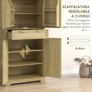 Alto Armario de Cocina Estilo Boho con 2 Armarios y un Cajón, Mueble de Cocina con Portaespecias de Madera y Ratán, 76X40X183Cm, Roble