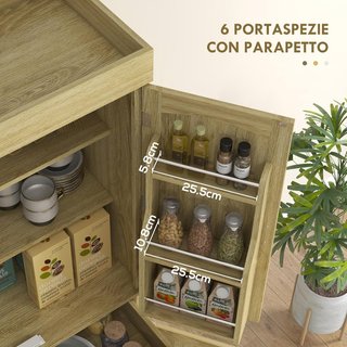 Alto Armario de Cocina Estilo Boho con 2 Armarios y un Cajón, Mueble de Cocina con Portaespecias de Madera y Ratán, 76X40X183Cm, Roble