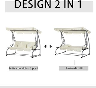 Columpio de Jardín convertible en Cama de Columpio, Columpio de 3 Plazas en Acero y Poliéster con Techo Regulable y 2 Portavasos, 200x120x164 cm, Crema
