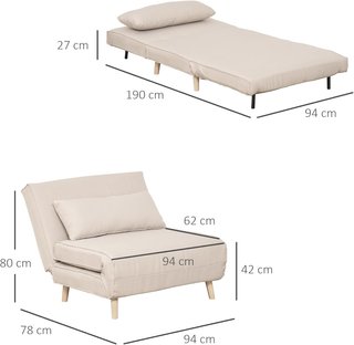 Sillón Cama 3 en 1 Con Respaldo Reclinable en 6 Posiciones y 4 Patas Plegables, Sillón Cama Individual en Tejido Efecto Lino Transpirable, 94X78X80 Cm, Beige