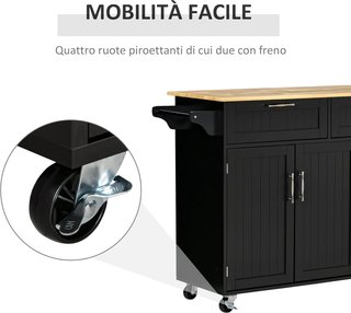 Carrito De Cocina Multiusos Con 2 Cajones, Armario De 3 Puertas Y 4 Ruedas, Isla De Cocina En Madera Y MDF, 121X46X91Cm, Negro