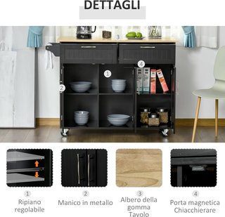 Carrito De Cocina Multiusos Con 2 Cajones, Armario De 3 Puertas Y 4 Ruedas, Isla De Cocina En Madera Y MDF, 121X46X91Cm, Negro