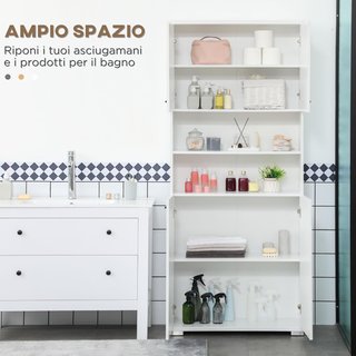 Mueble de Baño Moderno Con 2 Armarios Con Puertas Y 2 Estantes Abiertos, en Aglomerado, 80X33.5X190 Cm, Blanco