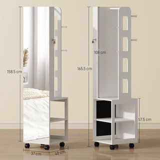 Espejo Joyero Con Luz LED, Armario Joyero Con Espejo, Perchero, Cierre Con Llave Y Estantes Posteriores, Giratorio a 360°, para Dormitorio Sala, 37X40X165.5Cm, Blanco Y Negro