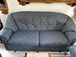 Conjunto Sofá y 2 Sillones Tela Azul/Dorado