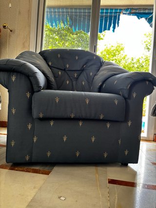 Conjunto Sofá y 2 Sillones Tela Azul/Dorado