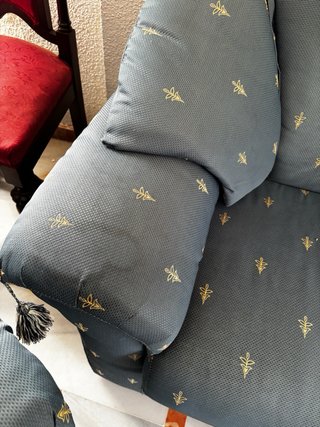Conjunto Sofá y 2 Sillones Tela Azul/Dorado