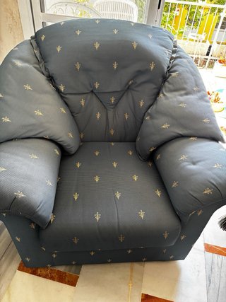Conjunto Sofá y 2 Sillones Tela Azul/Dorado