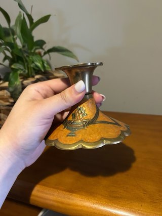 Suporte de vela antigo metal dourado e laranja